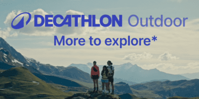 Vue sur la montagne, avec le titre : Decathlon Outdoor, more to explore