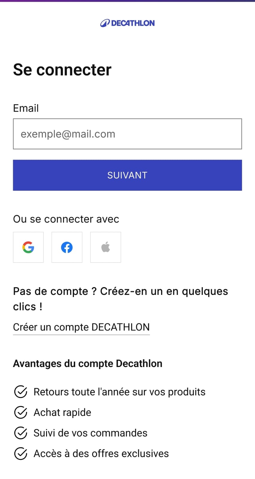 Capture d'écran montrant la page de connexion/création de compte de l'application